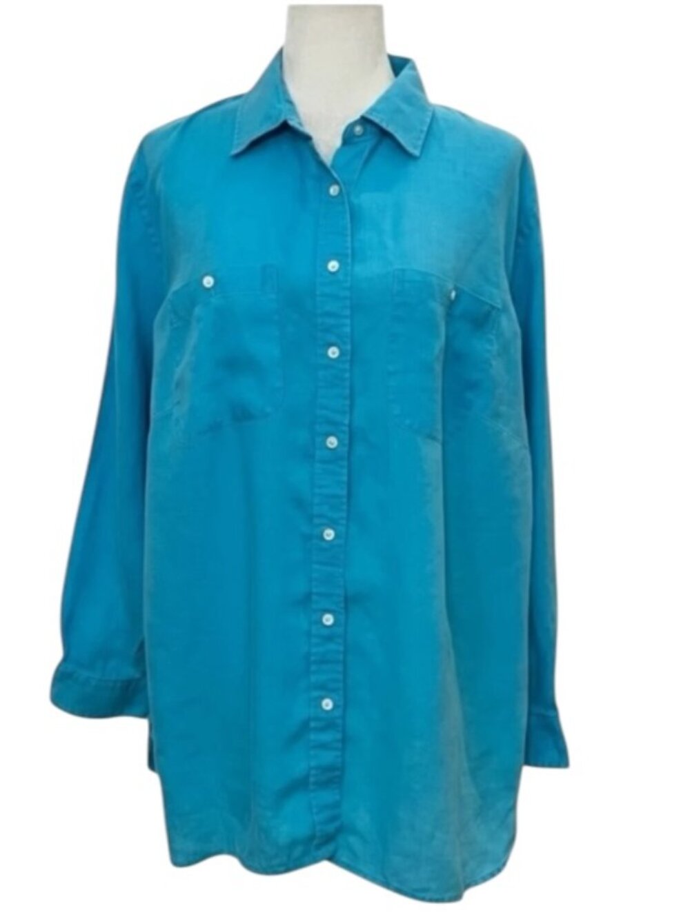 Lauren Ralph Lauren Linen Shirt Top 2X Blue Button Down Long Sleeve Plus Size
